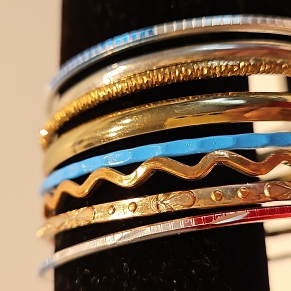 8 Silvertone, Goldtone, Blue & Red 2 3/4"Bangle Bracelets - Picture 3 of 4